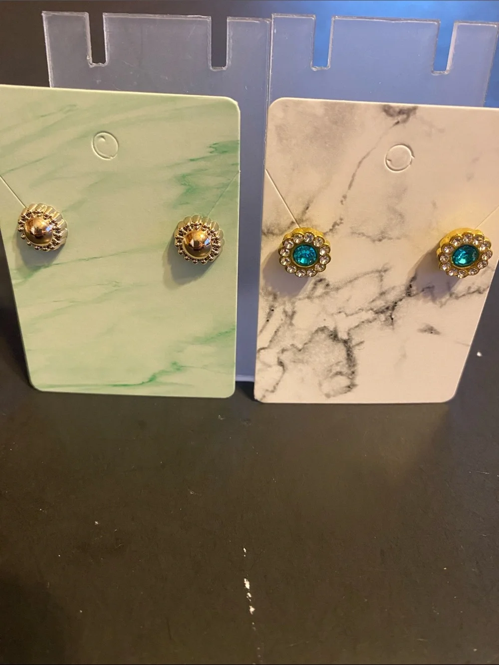 Gold and Teal Crystal Floral Stud Earrings - Women Jewelry